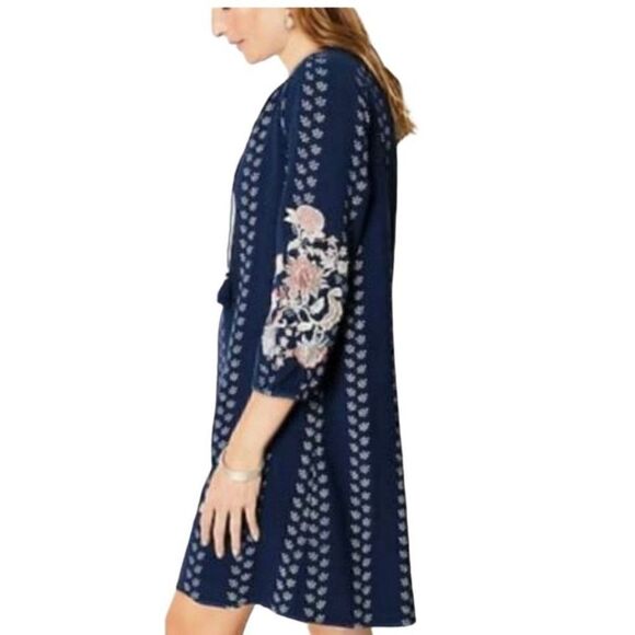 J. Jill Floral Embroidered Peasant Tunic Blue Batik Print Dress Small - Picture 10 of 12